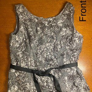 Alex Evenings Floral Silver Blouse with Black Ribbon and Hidden Zipper (Large)